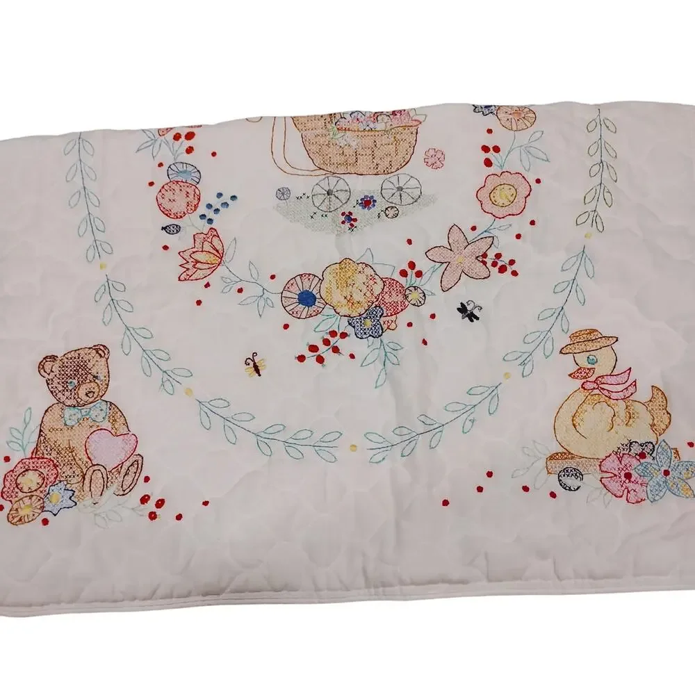 SWEET BABY CRIB BLANKET QUILT COVER EMBROIDERY TEDDYBEAR DUCK CARRIAGE 42.5